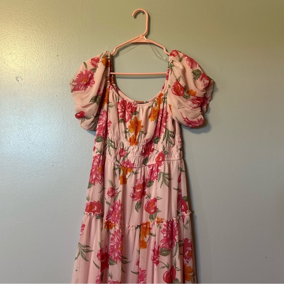 Trixxi Dresses & Skirts - Trixxi Pink Floral Puff Sleeve Maxi Dress with cinched waist